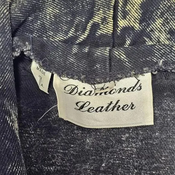 Diamonds Leather Acid Wash Embellished Denim Jean Jacket 1980s USA Size Medium - Picture 2 of 15